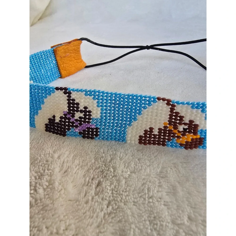 Handmade Seed Bead Loom Woven Headband Blue Landscape Boho Southwestern Style